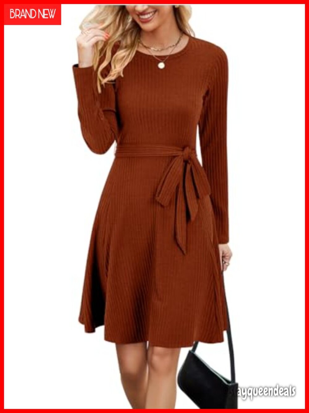 Ribbed Knit Sweater Dress Long Sleeve Crewneck Tie Waist Above Knee